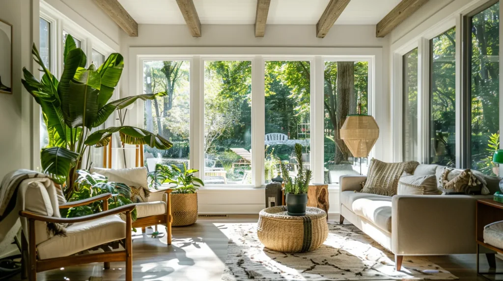 a bright, airy new jersey home filled with lush greenery and sun-drenched windows, showcasing a cozy indoor environment that promotes clean and fresh air quality.