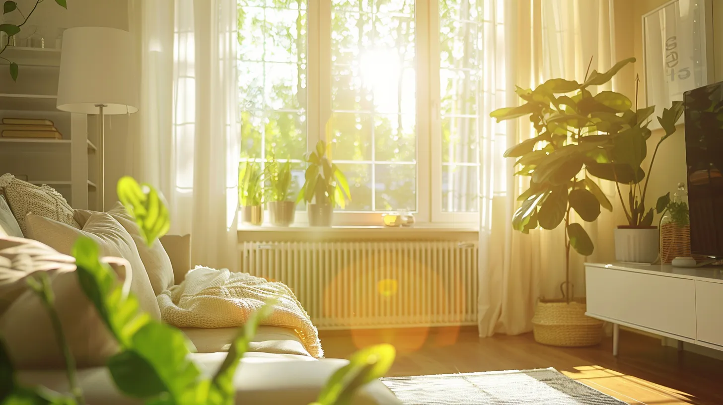 a bright and airy living room showcases a gleaming ventilation system with sunlight streaming through a window, highlighting the importance of clean air ducts for optimal indoor air quality.