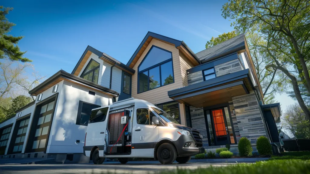 a bright and inviting hvac service van parked outside a modern home, showcasing quality equipment and tools with a backdrop of clear blue skies, symbolizing reliable and affordable comfort in new jersey.