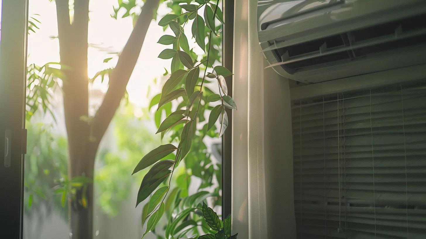 a bright and inviting living room showcases a modern hvac unit subtly integrated into the decor, illustrating the importance of regular maintenance with a backdrop of lush greenery visible through a large window, symbolizing comfort and energy efficiency.