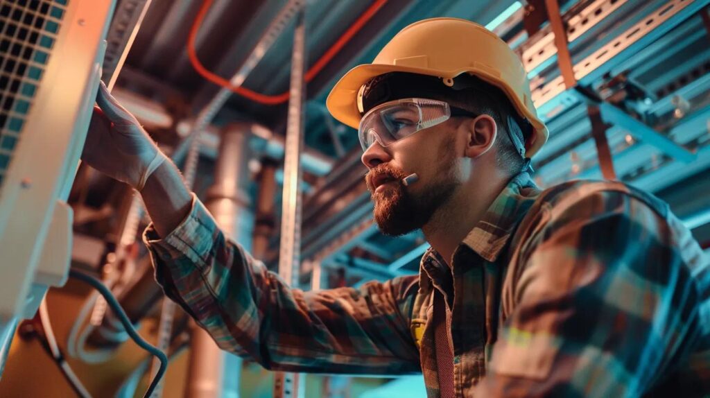 a certified hvac technician resolutely inspects a modern heating and cooling system in a well-lit, professional workroom, showcasing their expertise and the precision tools needed for emergency repairs.