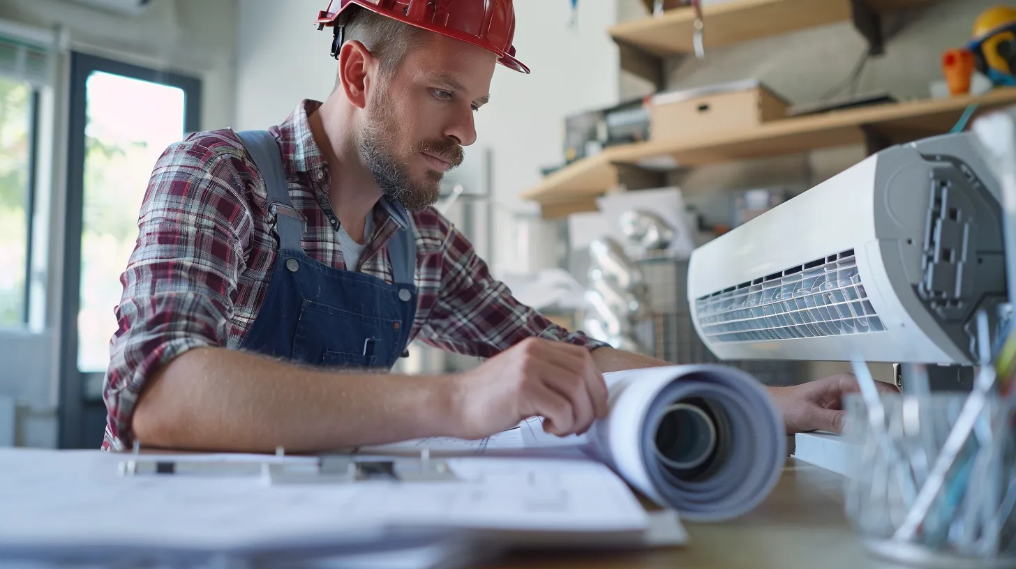 a clean, modern office space showcases an hvac technician confidently installing a sleek heating unit, surrounded by equipment and tools, with blueprints and instructional materials prominently displayed on the desk, emphasizing precision and expertise in hvac installation. a clean, modern office space showcases an hvac technician confidently installing a sleek heating unit, surrounded by equipment and tools, with blueprints and instructional materials prominently displayed on the desk, emphasizing precision and expertise in hvac installation.