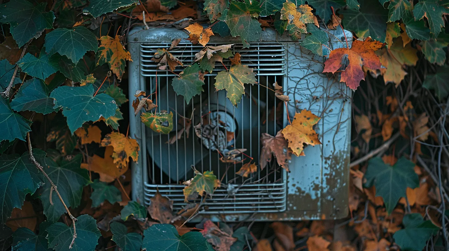 a close-up of a weathered air conditioning unit surrounded by vibrant greenery in a new jersey backyard, highlighting signs of age and wear with colorful fall leaves scattered nearby, capturing the essence of when to recognize the need for replacement.