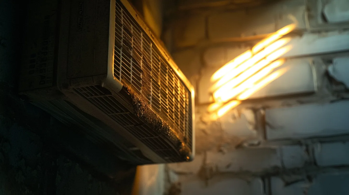 a close-up view of a worn hvac unit emits a faint, eerie glow under a flickering light, while the surrounding room reveals signs of discomfort, such as unevenly heated walls and a noticeable increase in shadows, capturing the urgency for emergency repairs in a new jersey household.