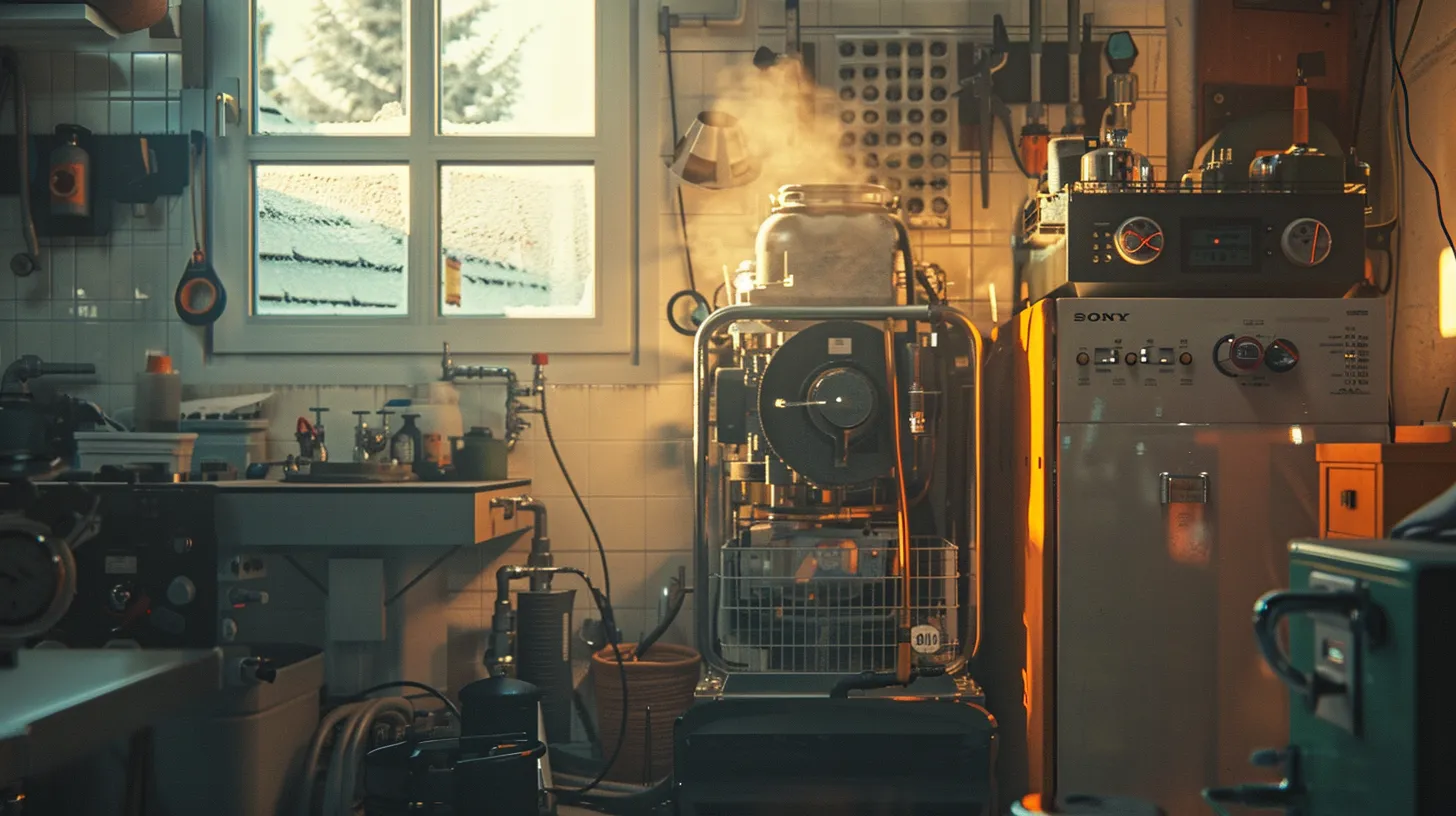 a closely cropped view of a modern boiler in a home setting, showcasing visible steam and subtle leaks amidst a backdrop of tools and maintenance equipment, illuminated by soft, natural light filtering through a nearby window.