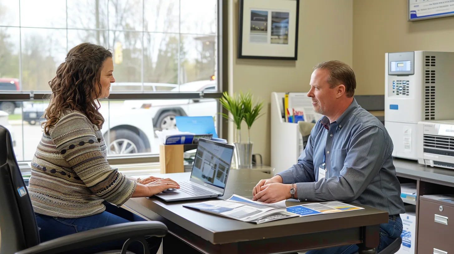 a confident homeowner consults with a professional hvac contractor in a modern, well-lit office, surrounded by brochures and a laptop displaying customer reviews, highlighting the importance of trust and transparency in selecting local hvac services. a confident homeowner consults with a professional hvac contractor in a modern, well-lit office, surrounded by brochures and a laptop displaying customer reviews, highlighting the importance of trust and transparency in selecting local hvac services.
