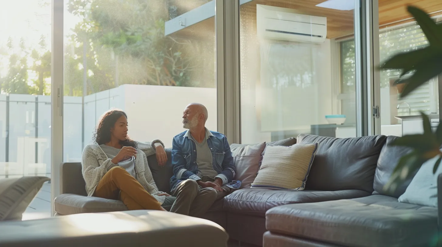 a confident homeowner engages in a thoughtful discussion with a knowledgeable hvac contractor in a well-lit, modern living room, emphasizing the importance of selecting a qualified professional for efficient climate control solutions.