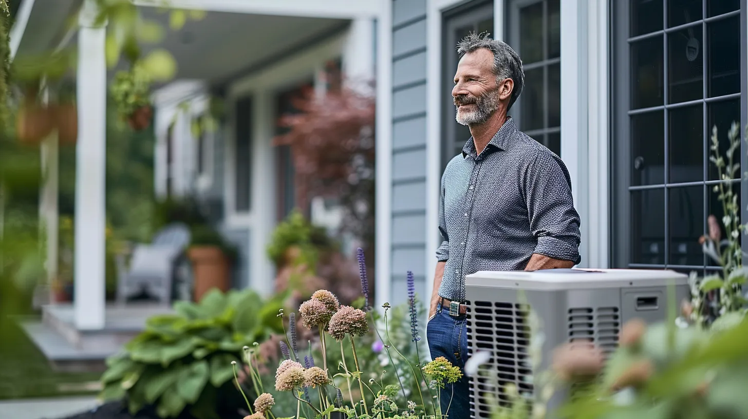 a confident homeowner stands in front of a modern, energy-efficient hvac system, surrounded by vibrant greenery, symbolizing trust and reliability in their choice of a reputable new jersey hvac company.