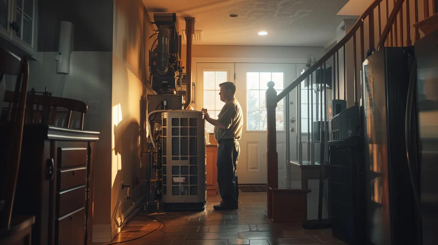 a confident hvac technician inspects a state-of-the-art heating unit in a modern marlboro, nj home, showcasing the blend of advanced technology and local expertise in a well-lit indoor environment. a confident hvac technician inspects a state-of-the-art heating unit in a modern marlboro, nj home, showcasing the blend of advanced technology and local expertise in a well-lit indoor environment.