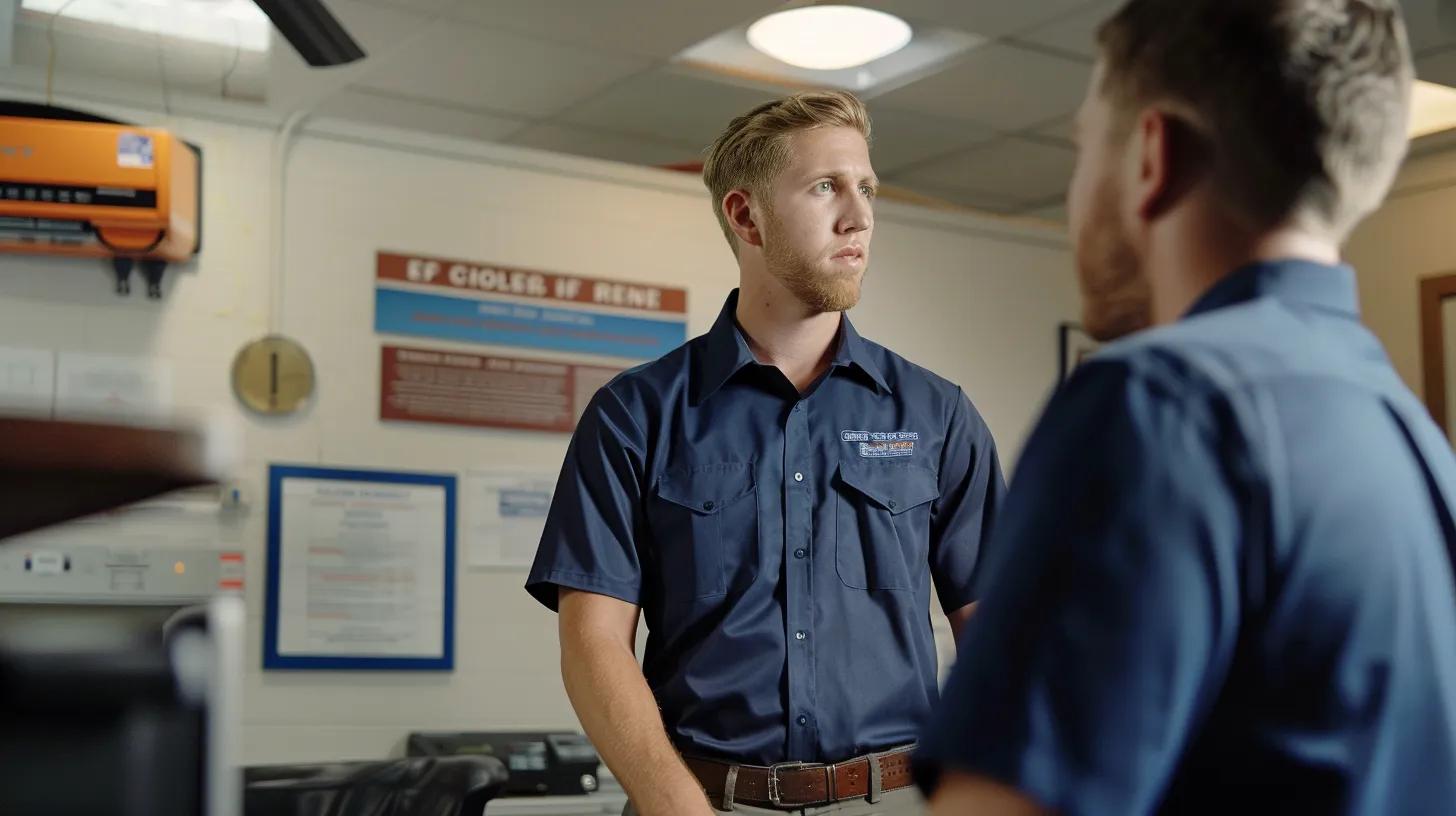 a confident hvac technician stands in a well-organized office, showcasing nate and epa certifications on the wall, as he discusses reliable service warranties with a satisfied customer at a sleek conference table, illuminated by bright overhead lights. a confident hvac technician stands in a well-organized office, showcasing nate and epa certifications on the wall, as he discusses reliable service warranties with a satisfied customer at a sleek conference table, illuminated by bright overhead lights.