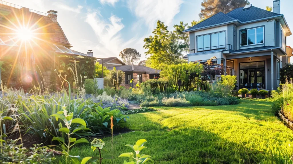 a contrasting scene depicting a sleek residential home with a tranquil garden on one side and a modern commercial building with bustling activity on the other, illustrating the diverse world of hvac services in new jersey.