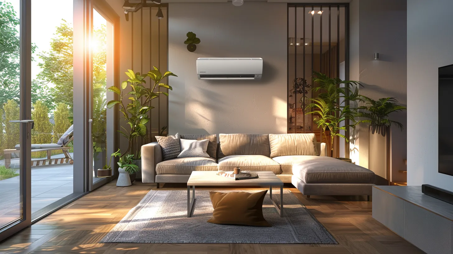 a cozy living room in a new jersey home, bathed in warm natural light, showcases a sleek ductless air conditioning unit effortlessly blending into the modern decor, symbolizing enhanced comfort and energy efficiency.