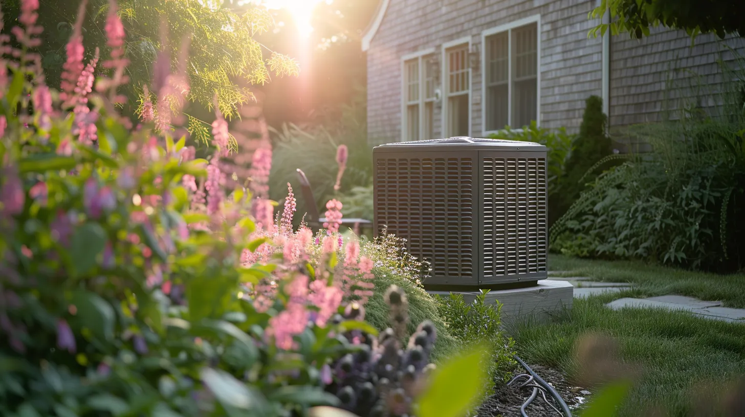 a cozy new jersey home showcases a modern, energy-efficient air conditioning unit in a vibrant summer garden, illuminated by warm sunlight, symbolizing thoughtful decision-making for comfort and sustainability.