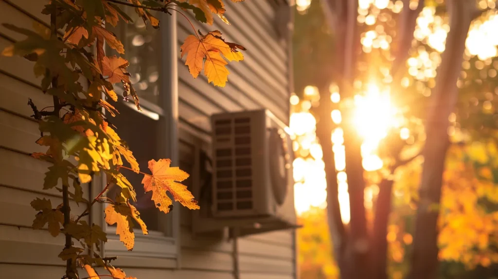 a cozy new jersey home with vibrant autumn foliage in the foreground, showcasing a well-maintained hvac unit against a backdrop of warm, golden sunlight streaming through the trees, emphasizing seasonal care and comfort.