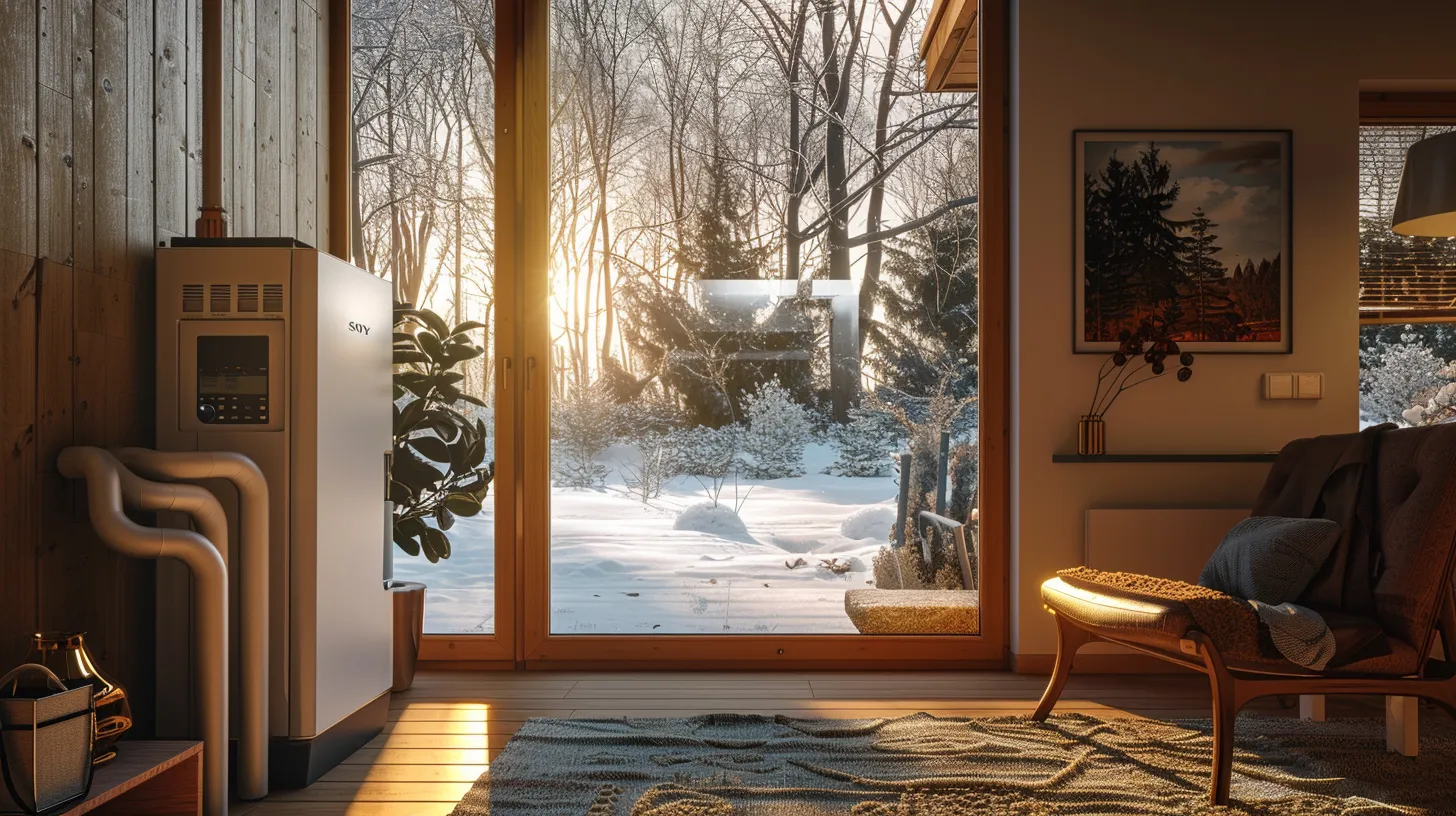 a cozy new jersey home, illuminated by warm sunlight, features a pristine, modern boiler neatly installed in a corner, symbolizing reliability and optimal heating performance amidst a serene winter landscape outside.