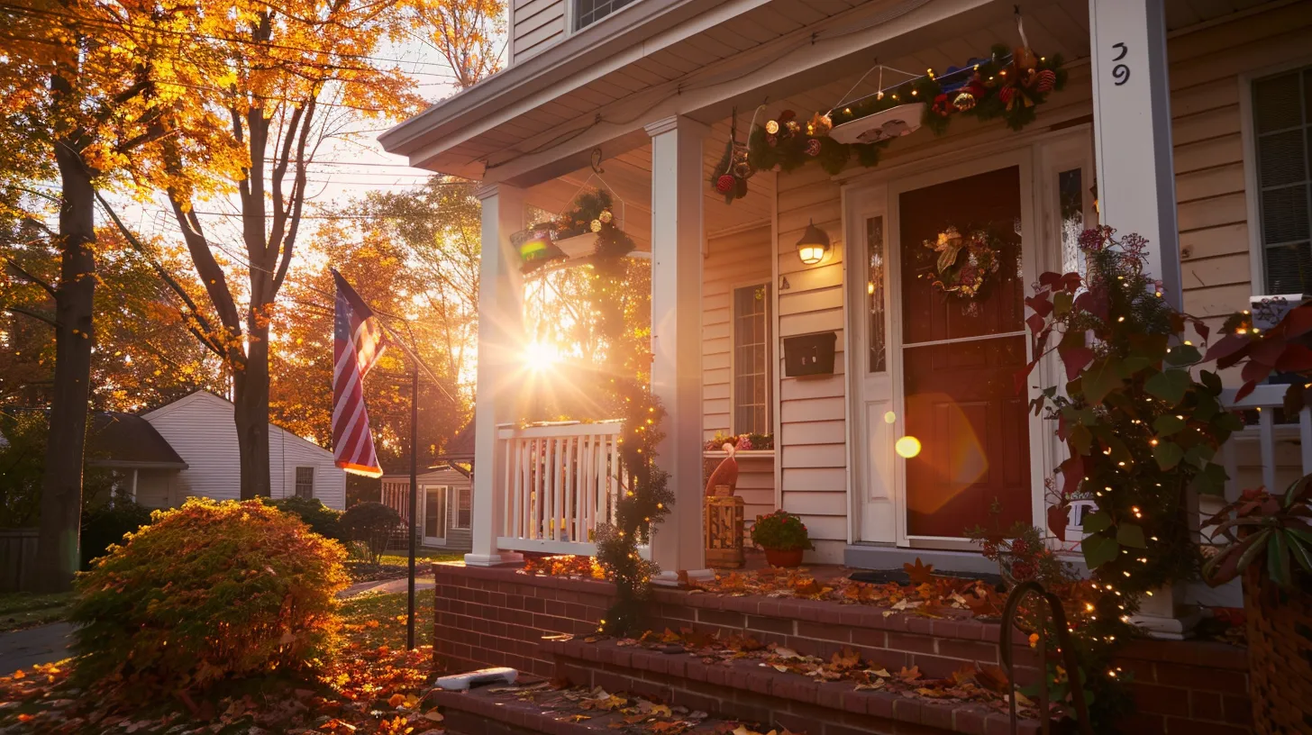 a cozy nj home stands proudly against a backdrop of changing seasons, showcasing an inviting front porch adorned with seasonal decorations while a technician inspects the hvac unit, emphasizing the importance of thorough seasonal maintenance for energy efficiency and comfort.