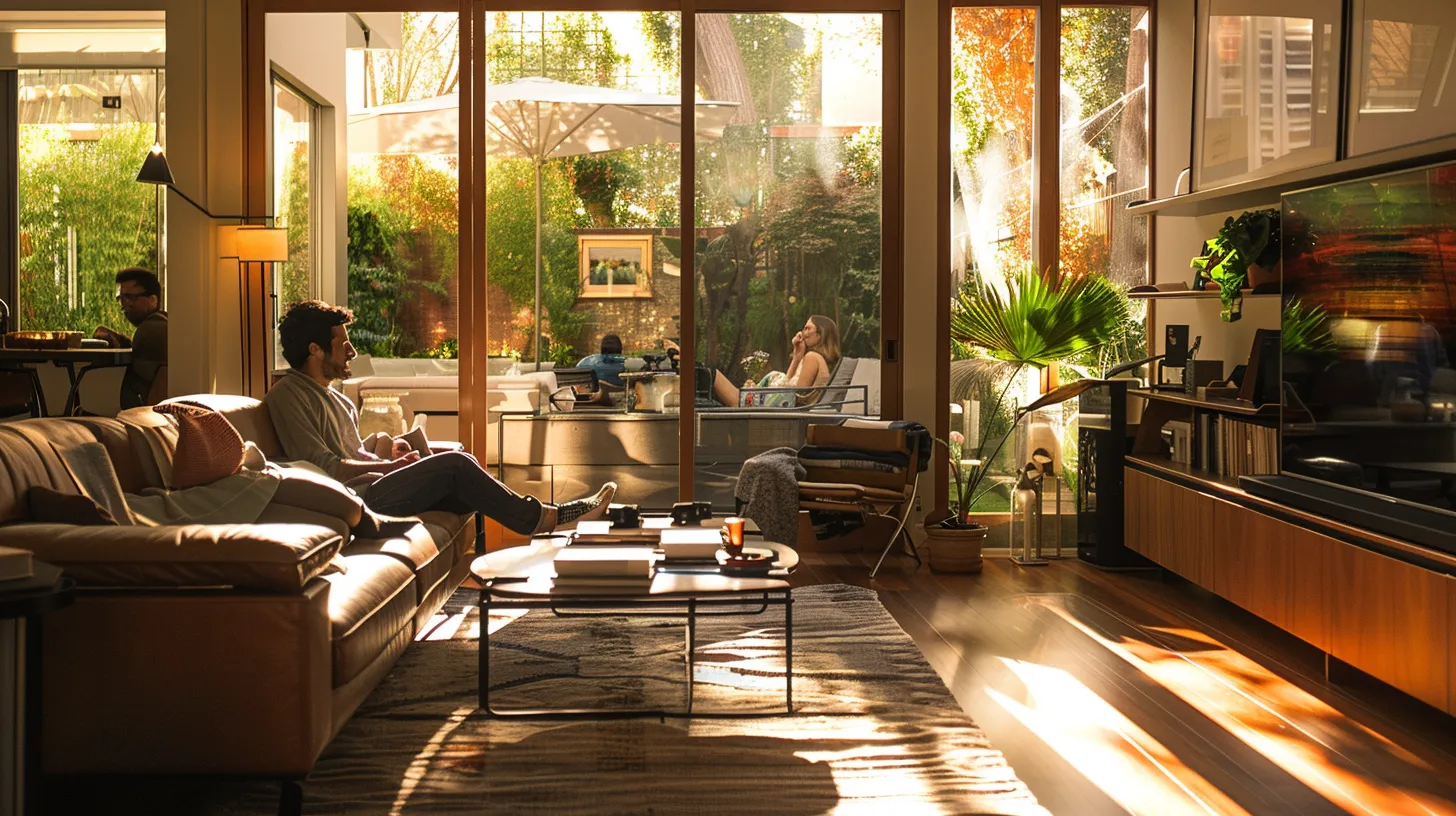 a cozy, sunlit living room featuring content homeowners enjoying their comfortable environment, with a sleek and modern hvac system elegantly integrated, symbolizing quality service and enhanced ventilation.