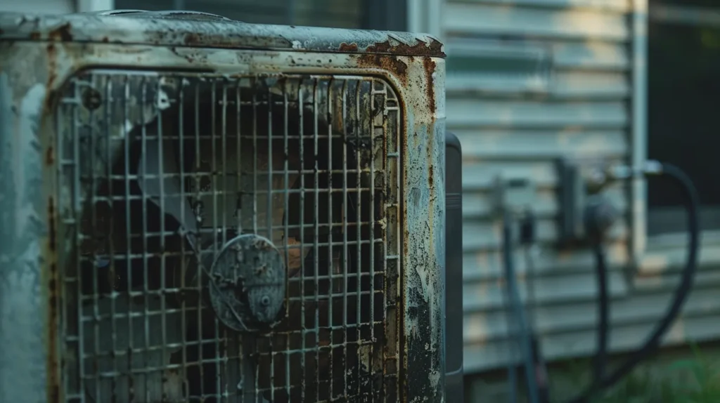 a dramatic close-up of a malfunctioning hvac unit surrounded by visibly distressed homeowners, set against a backdrop of a sweltering new jersey summer day.