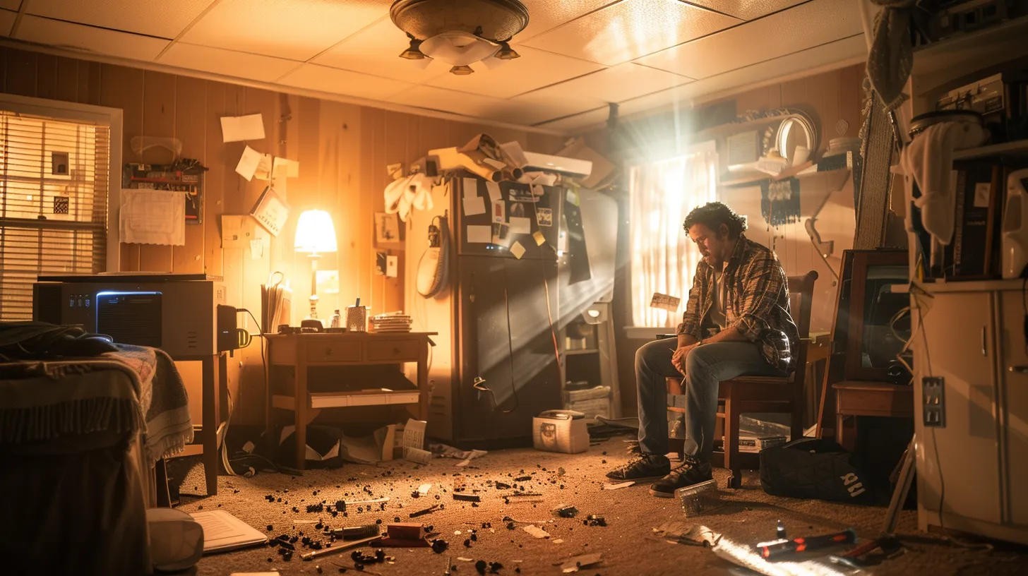 a dramatic depiction of a distressed homeowner surrounded by a chaotic scene of malfunctioning hvac equipment, illuminated by harsh, flickering lights, capturing the urgency and anxiety of an emergency repair situation.