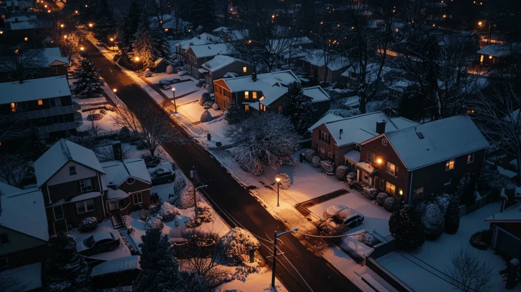 a dynamic nighttime view of a new jersey residential neighborhood, illuminated by the warm glow of hvac units working tirelessly, showcasing the essential comfort of 24/7 climate control services.