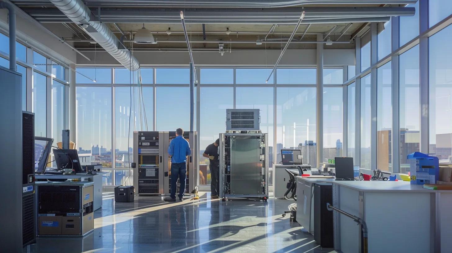 a dynamic office environment showcases commercial hvac technicians expertly installing a sleek rooftop unit, surrounded by sophisticated building automation displays and equipment, highlighting delco air's cutting-edge technology and commitment to efficient energy management. a dynamic office environment showcases commercial hvac technicians expertly installing a sleek rooftop unit, surrounded by sophisticated building automation displays and equipment, highlighting delco air's cutting-edge technology and commitment to efficient energy management.