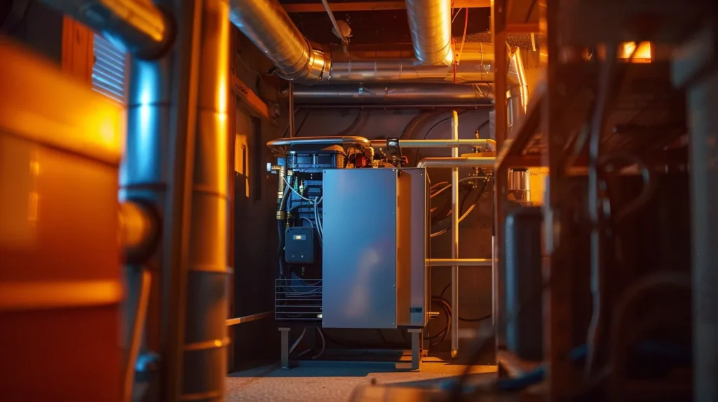 a focused image of a sleek modern furnace being expertly installed in a cozy, well-lit home basement, highlighting the contrast between the shiny, metallic appliance and the warm, inviting surroundings.