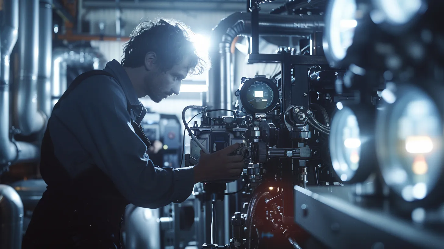 a focused shot of an emergency hvac technician in a modern office building, examining complex machinery with illuminated digital gauges, conveying urgency and expertise amid a high-tech environment.