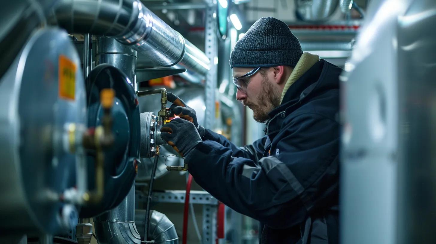 a focused technician, equipped with high-tech tools, examines a complex heating system in a brightly lit mechanical room, ensuring optimal performance during the winter months.