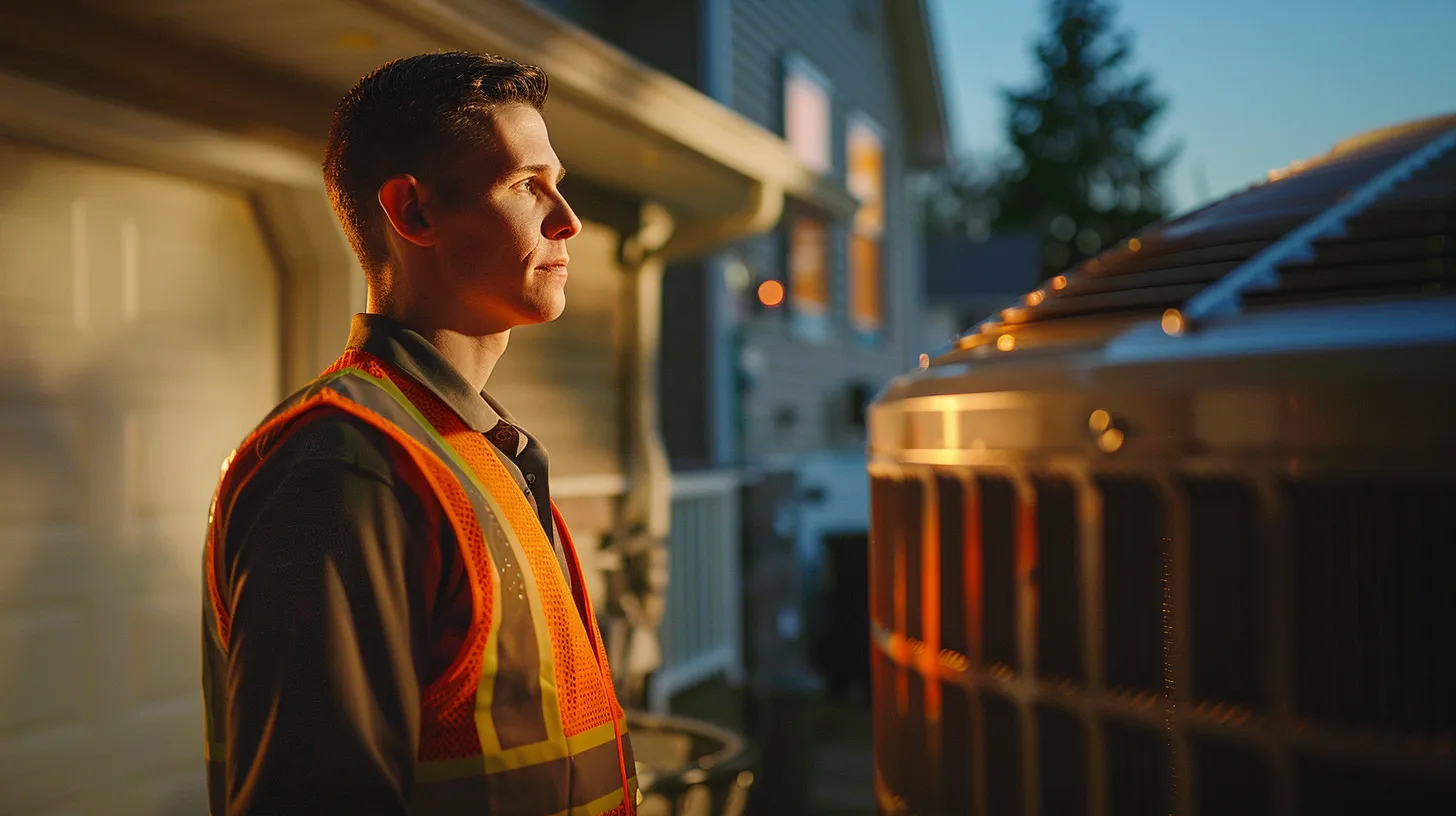 a focused technician in a safety vest inspects a sleek hvac unit amidst a backdrop of a suburban new jersey home, under dramatic lighting that highlights the urgency of emergency repair needs.