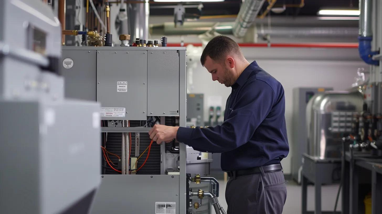 a focused view of a skilled technician working in a modern, well-lit hvac service workshop, meticulously calibrating a sophisticated heating unit while surrounded by advanced diagnostic equipment. a focused view of a skilled technician working in a modern, well-lit hvac service workshop, meticulously calibrating a sophisticated heating unit while surrounded by advanced diagnostic equipment.