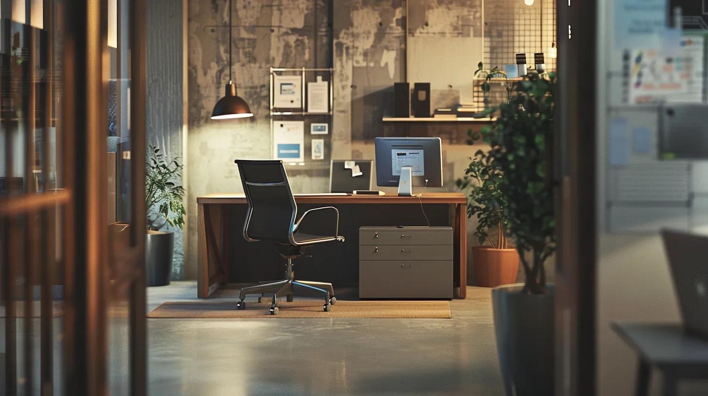 a focused view of an organized hvac service office, showcasing a sleek reception area with a modern desk, informational brochures on residential repair services, and a digital display highlighting competitive rates and technician qualifications. a focused view of an organized hvac service office, showcasing a sleek reception area with a modern desk, informational brochures on residential repair services, and a digital display highlighting competitive rates and technician qualifications.