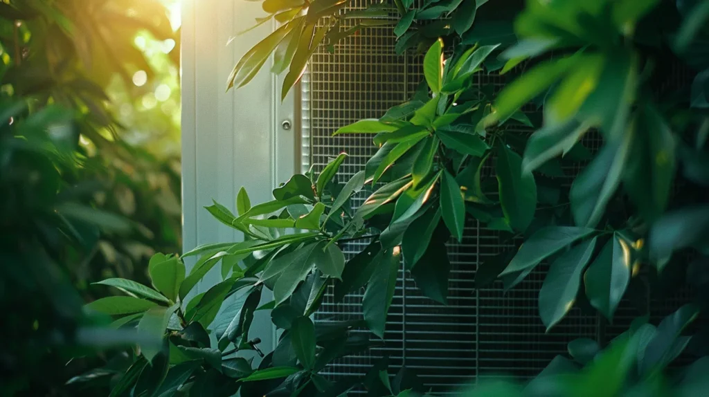 a gleaming, modern air conditioning unit glistens under bright daylight, surrounded by lush green foliage, symbolizing the importance of seasonal maintenance for optimal performance in new jersey's climate.