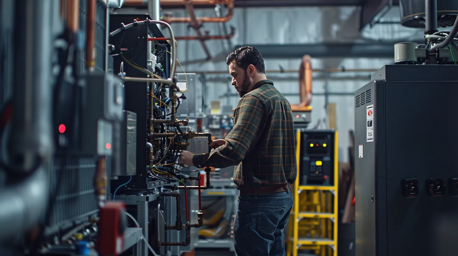 a meticulous hvac technician inspects a high-tech rheem heating unit in a modern industrial maintenance facility, surrounded by organized tools and diagnostic equipment, highlighting the importance of regular system evaluations for optimal performance. a meticulous hvac technician inspects a high-tech rheem heating unit in a modern industrial maintenance facility, surrounded by organized tools and diagnostic equipment, highlighting the importance of regular system evaluations for optimal performance.