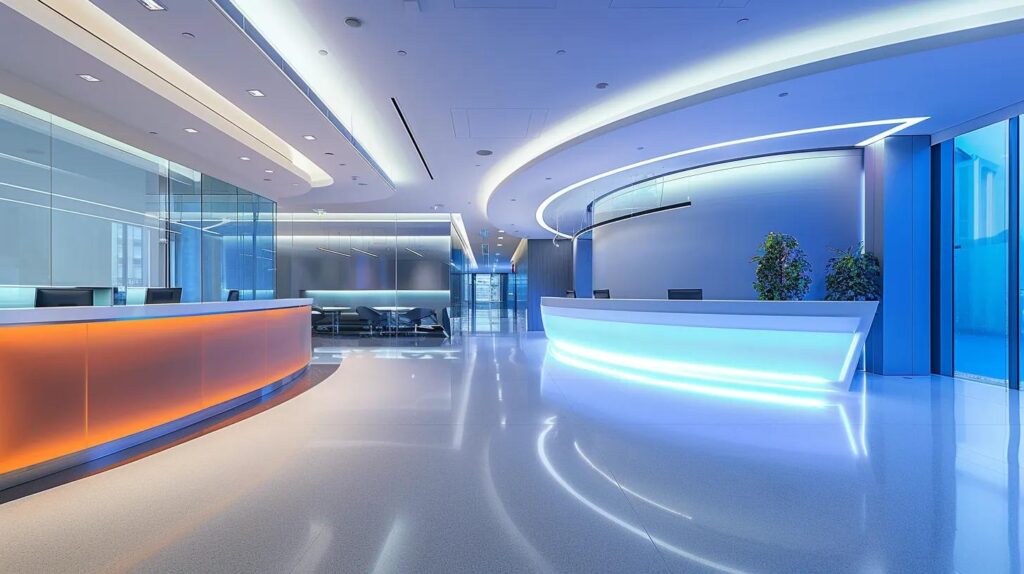 a modern, bustling hvac service office in metuchen, nj, featuring a sleek reception area with attentive staff and vibrant displays of heating and cooling equipment, encapsulating year-round comfort and reliability.