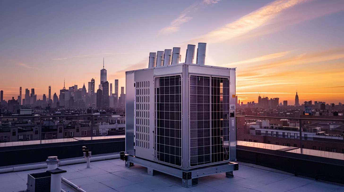 a modern commercial hvac system is prominently displayed on a rooftop against a vibrant new jersey skyline, showcasing sleek design and efficient energy solutions, bathed in warm sunset light that highlights its sustainable features.