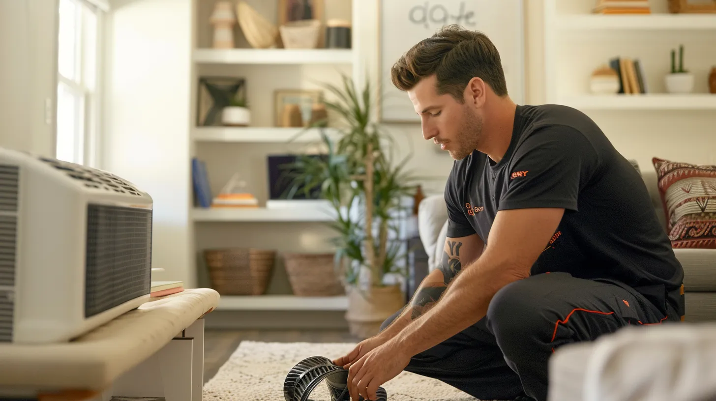 a modern emergency hvac repair technician assesses a malfunctioning air conditioning unit in a bright, airy living room, emphasizing the dramatic contrast between the serene indoor environment and the urgency of urgent repairs to ensure optimal indoor air quality.