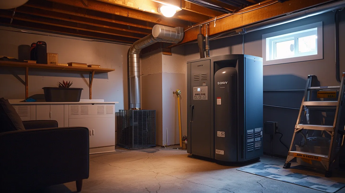 a modern, energy-efficient furnace gleams in a well-lit, newly renovated basement, symbolizing the importance of cost-effective installation and enhanced air quality in new jersey homes.