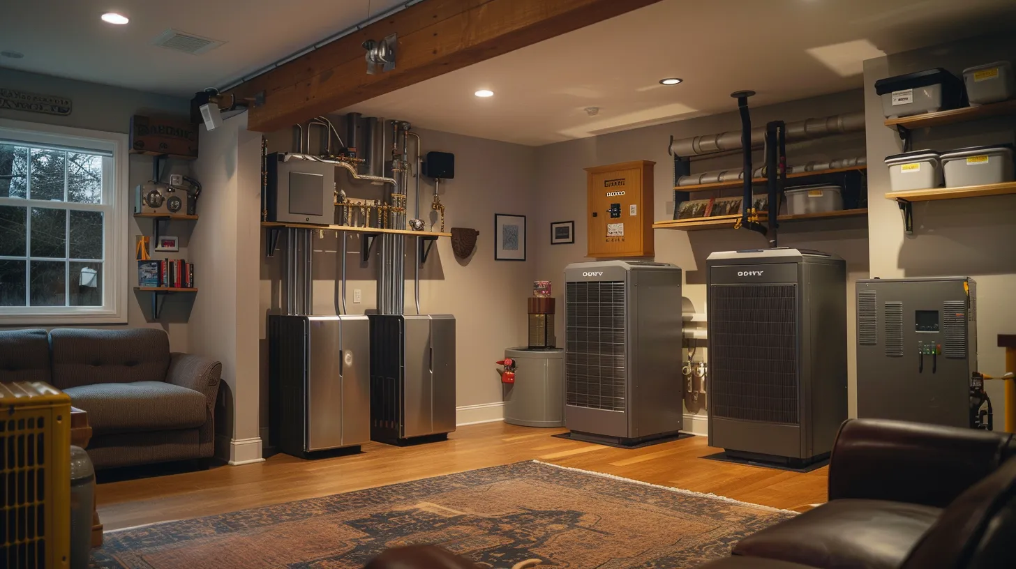 a modern heating system installation features sleek furnaces and heat pumps in a well-lit, cozy new jersey home, highlighting comfort and efficiency through a warm and inviting ambiance.