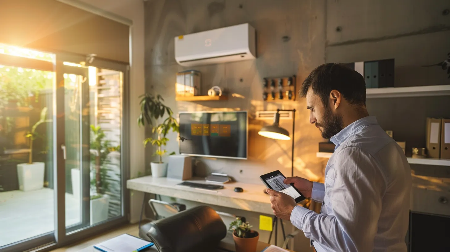 a modern home office filled with advanced hvac installation equipment, showcasing a smart thermostat prominently on a sleek wall, while a technician examines a digital display of efficiency metrics on a tablet, all bathed in focused, warm lighting. a modern home office filled with advanced hvac installation equipment, showcasing a smart thermostat prominently on a sleek wall, while a technician examines a digital display of efficiency metrics on a tablet, all bathed in focused, warm lighting.