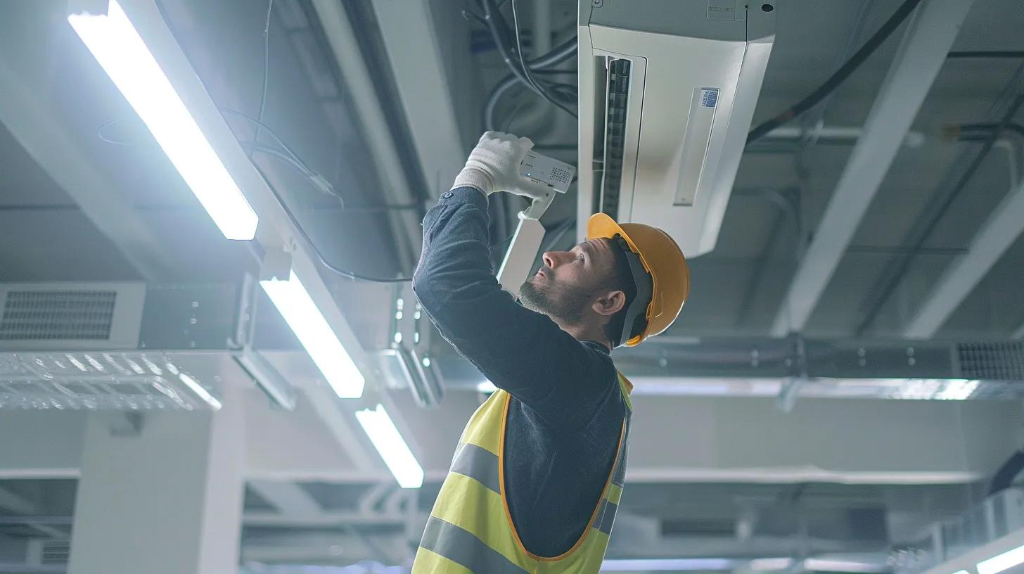 a modern hvac installation technician expertly setting up a sleek air conditioning unit inside a contemporary office space, illuminated by bright overhead lighting that highlights the attention to detail in the installation process. a modern hvac installation technician expertly setting up a sleek air conditioning unit inside a contemporary office space, illuminated by bright overhead lighting that highlights the attention to detail in the installation process.