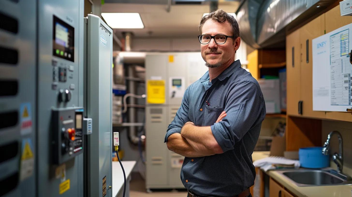 a modern hvac technician stands in a sleek, high-tech office environment, intently examining equipment with advanced diagnostic tools like a digital manifold gauge and a thermal imaging camera, surrounded by organized charts and energy efficiency reports highlighting improvements in system reliability. a modern hvac technician stands in a sleek, high-tech office environment, intently examining equipment with advanced diagnostic tools like a digital manifold gauge and a thermal imaging camera, surrounded by organized charts and energy efficiency reports highlighting improvements in system reliability.