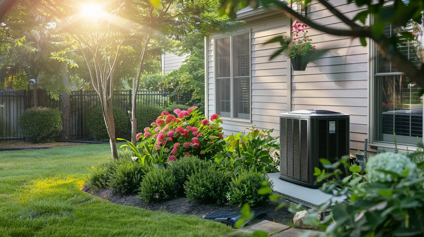 a modern, inviting new jersey home with a gleaming hvac unit prominently displayed, surrounded by lush greenery and bathed in warm afternoon sunlight, symbolizing comfort and trust in home climate control.