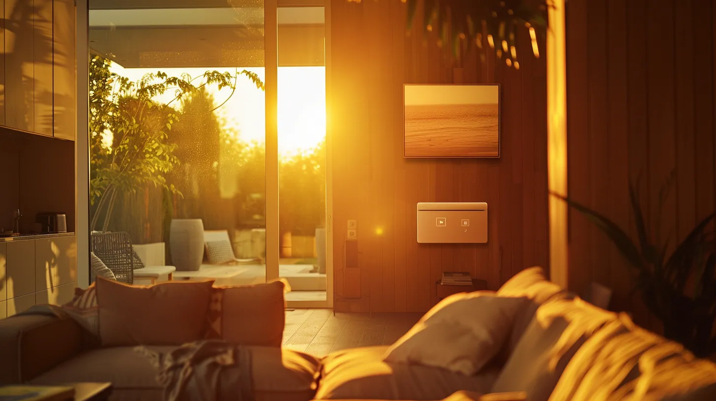 a modern living room bathed in warm natural light showcases a sleek smart thermostat on the wall, symbolizing the integration of advanced technology and comfort in home automation.