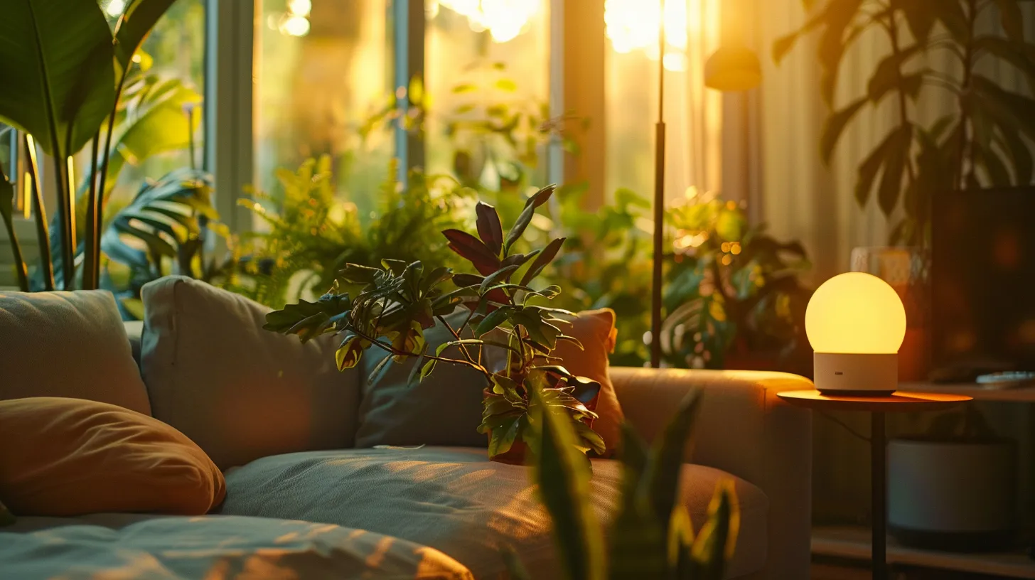 a modern living room features a sleek smart thermostat glowing softly, surrounded by lush indoor plants and warm natural light filtering through large windows, evoking a sense of comfort and energy efficiency.