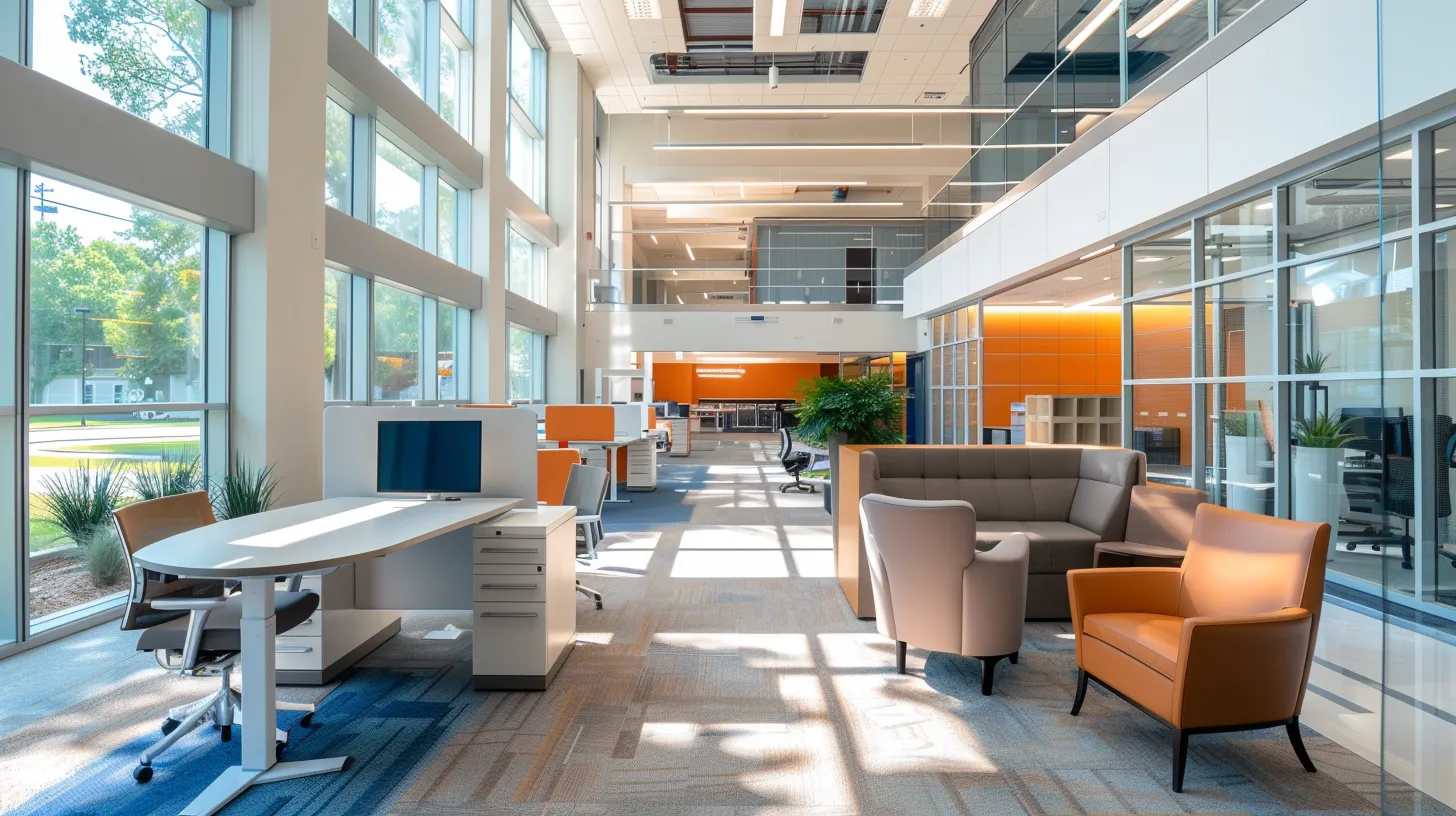 a modern office interior showcases a professional hvac consultant engaged in a detailed discussion with a satisfied homeowner, surrounded by blueprints and technical diagrams that emphasize expert evaluations and customer-focused solutions in woodbridge, nj.