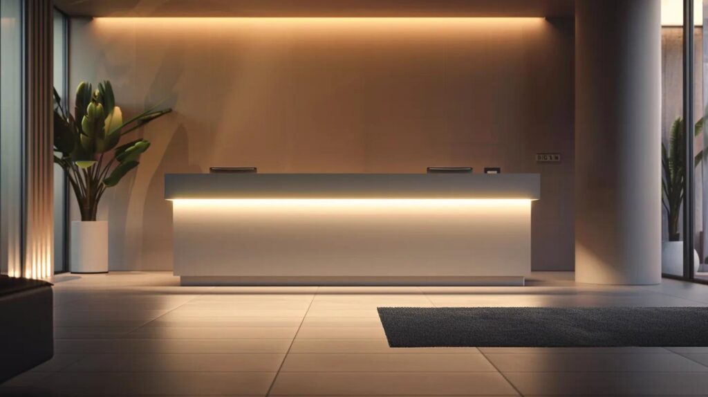 a modern office reception area showcasing a welcoming atmosphere, with a sleek desk and promotional materials highlighting affordable hvac services, illuminated by warm, inviting lighting to emphasize comfort and value.