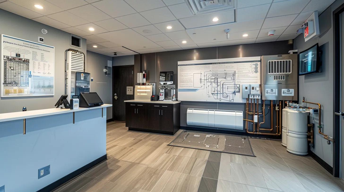a modern, sleek hvac repair office in old bridge, nj, showcasing a detailed consultation area with technical diagrams and financing brochures prominently displayed against a backdrop of sophisticated hvac equipment.