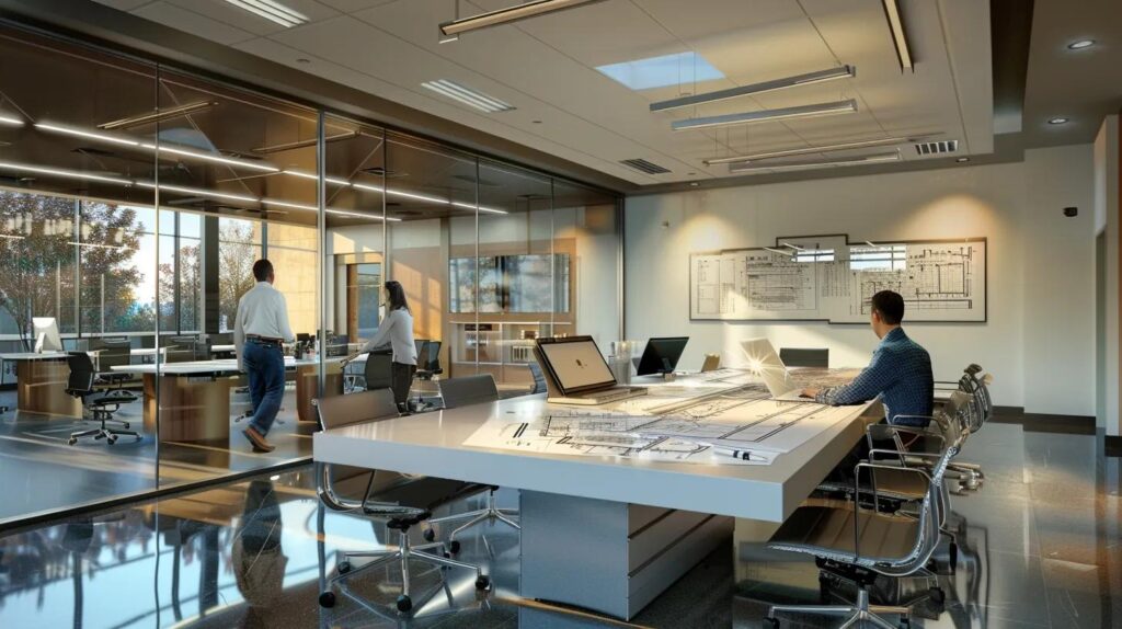 a modern, sleek office environment showcases a confident homeowner interacting with a professional hvac consultant, surrounded by blueprints and technical diagrams on a polished conference table, emphasizing the importance of informed choices in selecting the best hvac company.