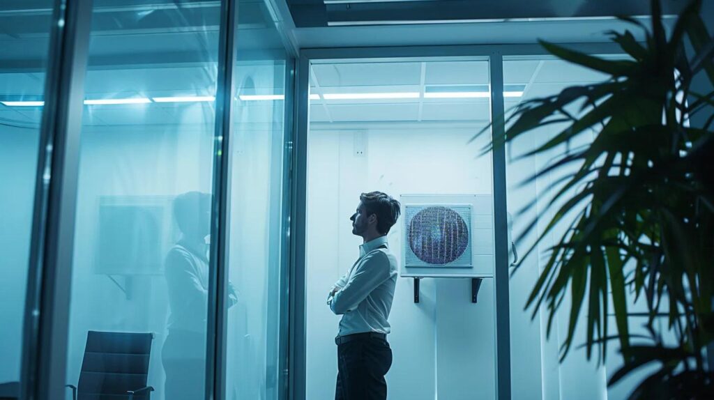 a modern, sleek office environment showcases a professional hvac technician conducting an advanced diagnostic assessment on a state-of-the-art air conditioning unit, emphasizing expertise and innovation in the hvac industry.