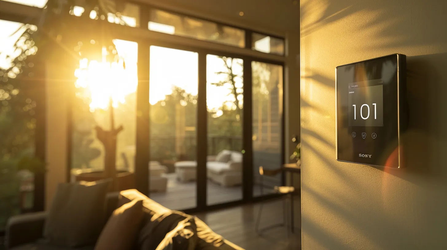 a modern, sleek smart thermostat mounted on a wall in a stylish living room, illuminated by warm natural light streaming through large windows, emphasizing its integration into a contemporary home environment.